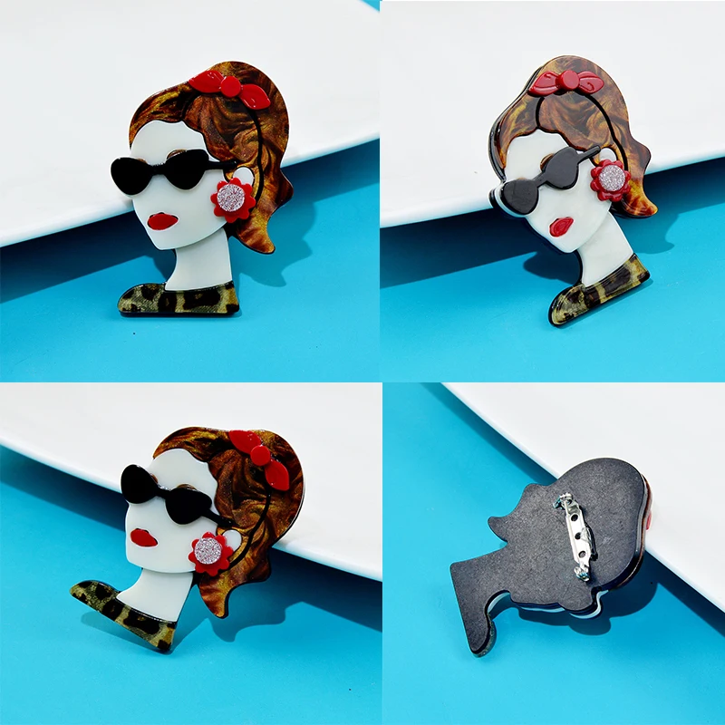 Acrylic Hug Rabbit Quiet Lady Brooches Unique Lady Figure Pins For Women Girls Lapel Badges Bag Decorations Party Dress Jewelry