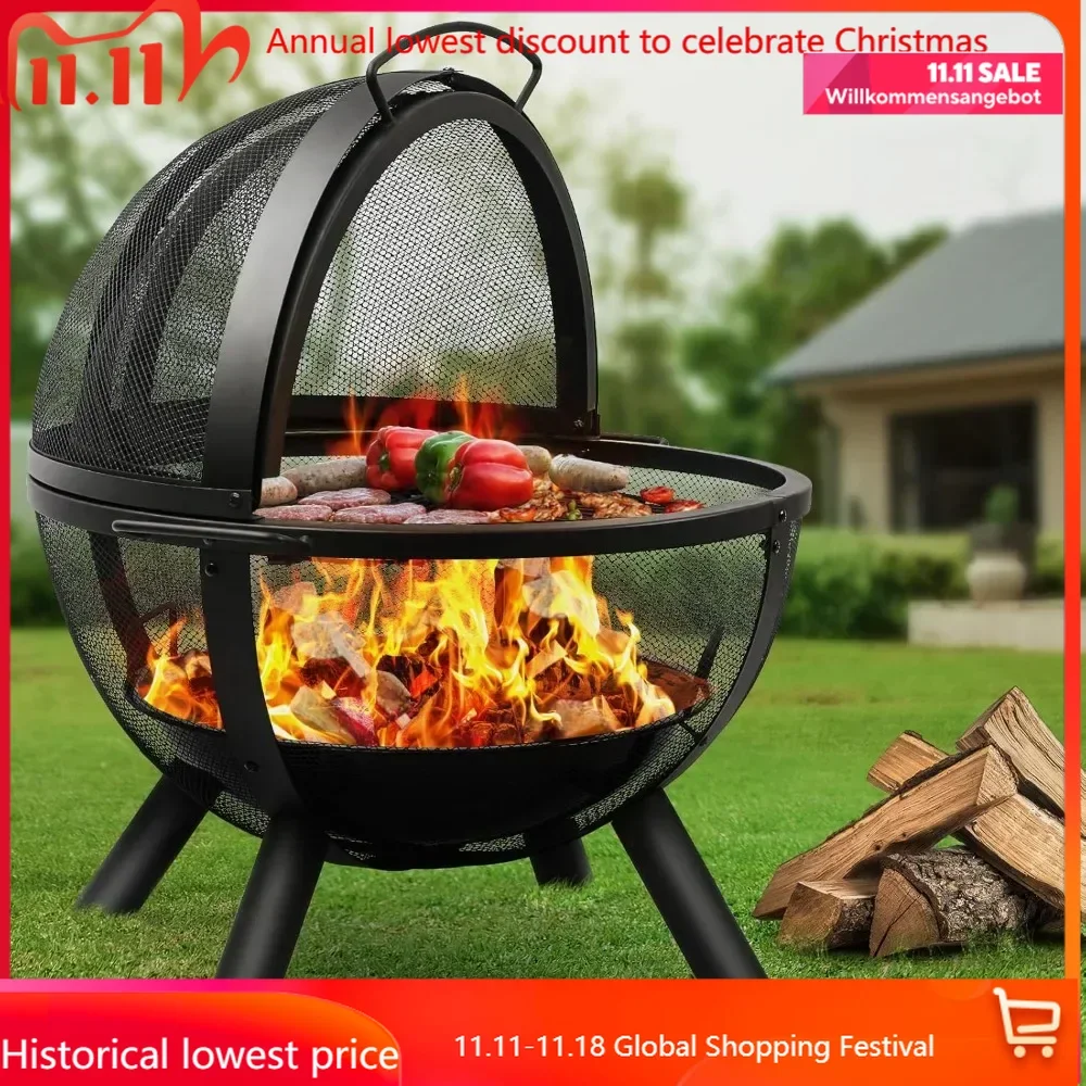 Ball of Fire Pit 35" Outdoor fire with BBQ Grill Globe Large Round Pit,Patio Fireplace for Camping, Heating, Bonfire and P