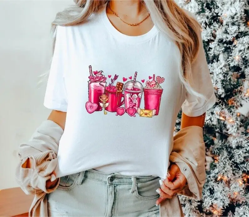 San Valentino Pink Coffee Latte Drink T Shirt Lover Donna San Valentino Sh Maniche Lunghe O Corte