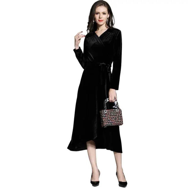 

Vintage Elegant Party Dress Women Solid Velvet Long Sleeves Dress Autumn Winter Women Dresses Vestidos elegante mujer robe