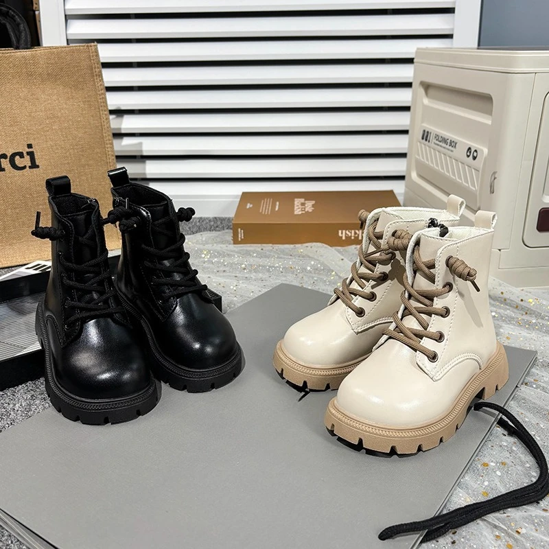 Leather Kids Platform Boots for Girls Black Beige Autumn School
