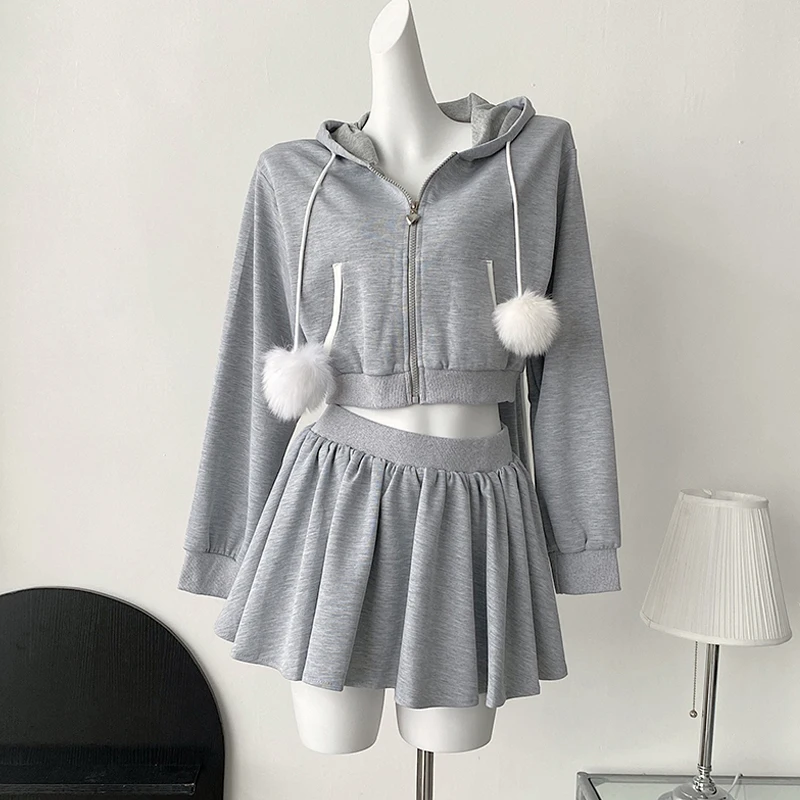 

Spring Autumn Women Hooded Hoodies Set Suit New Fashion Casual Loose Short Coats Mini Skirts 2 Piece Set Women Outifits Elegant