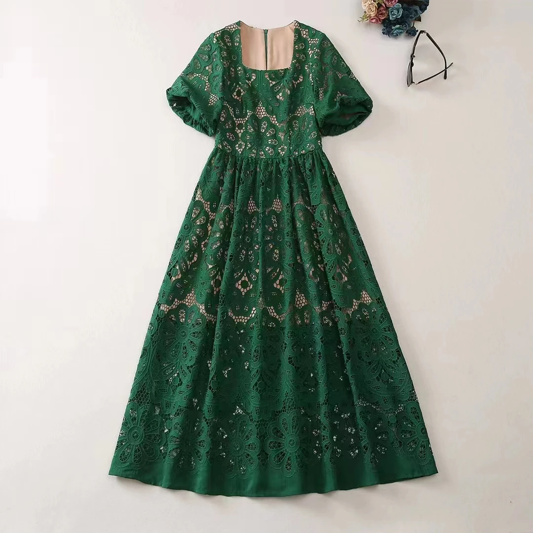

Женская одежда в европейском и американском стиле, весна 2023, новое зеленое кружевное плиссированное платье с коротким рукавом-фонариком и квадратным вырезом