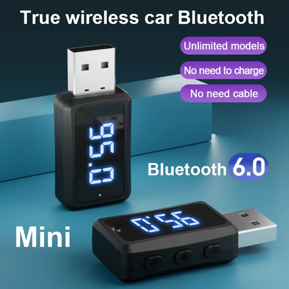 자동차 블루투스 6.0 미니 USB 송신기 수신기(LED 디스플레이 포함) 핸즈프리 통화 자동차 키트 자동 무선 오디오(Fm 라디오용)