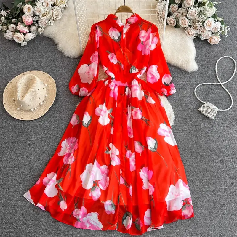 

Платье женское длинное шифоновое с длинным рукавом, бантом на талии и принтом