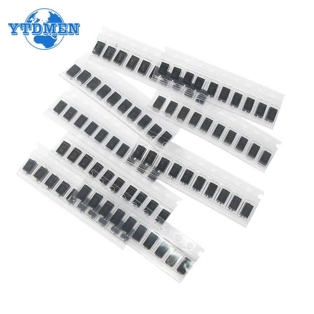 90PCS Diode Kit Rectifier Diode 1N4007 1N4001 1N4004 SS14 SS24 SS34 SS16 SS26 SS36 SMD Schottky Diode Assort