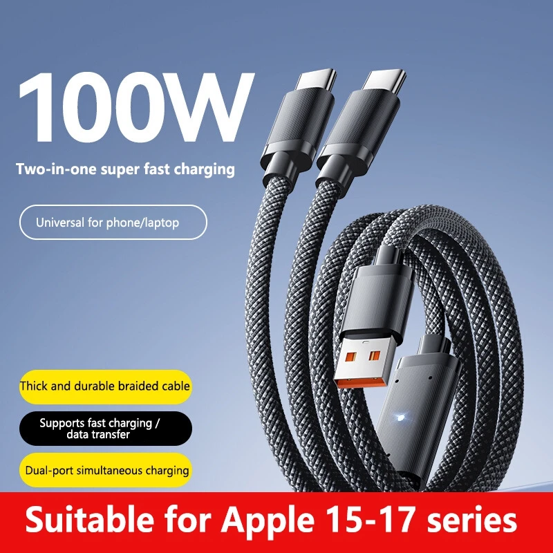 100W 2 in 1 듀얼포트 초고속 충전 데이터 케이블 USB A to 2 타입 C..