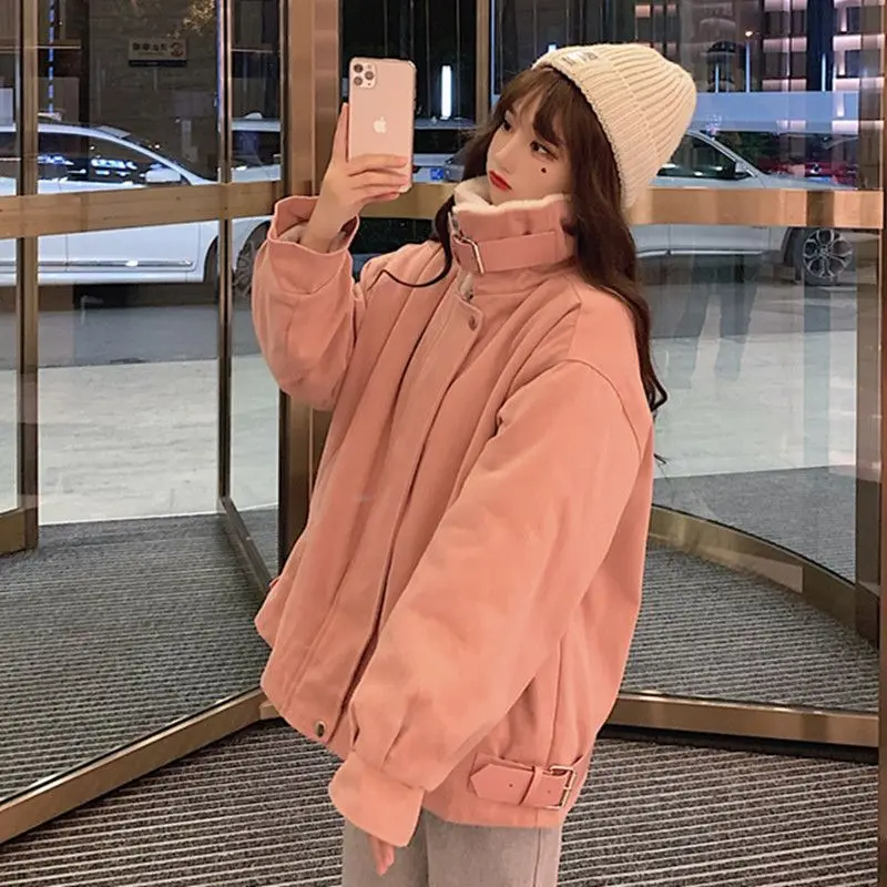 Korean Fashion Retro Jacket 2023 Winter New Cotton Dress Lamb Fleece Women's Solid Color Plush Thickened Loose Coat Trend