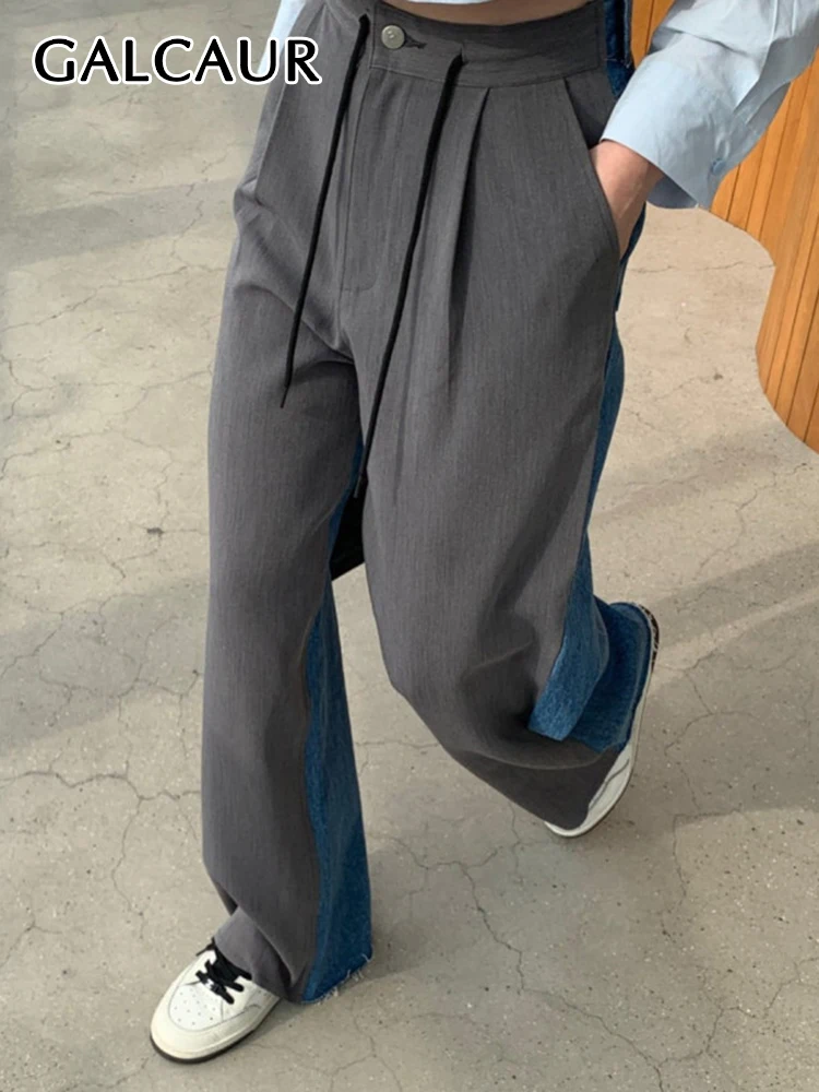

GALCAUR Patchwork Denim Pants For Women High Waist Spliced Drawstring Folds Hit Color Straight Trousers Female Korean Clothing
