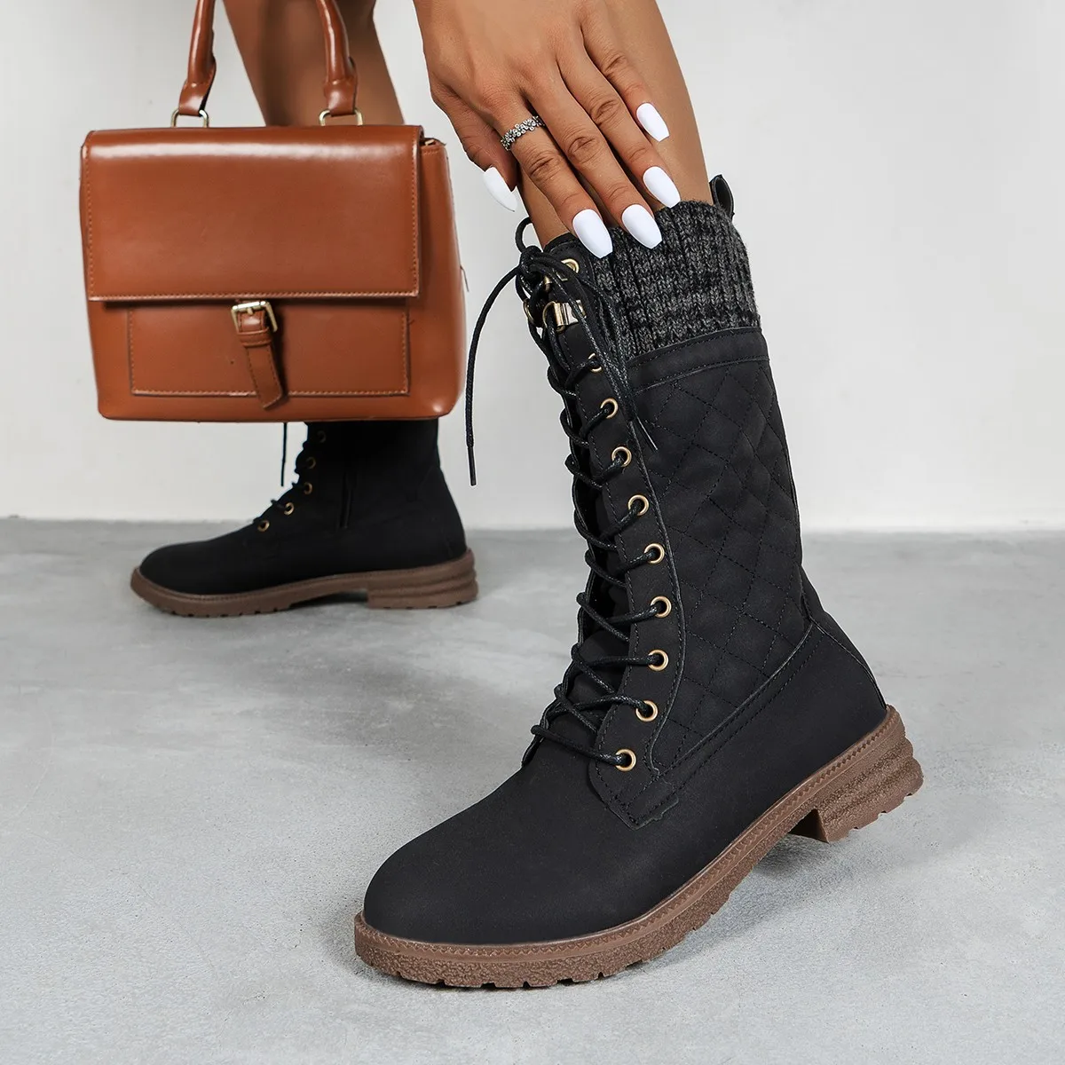 Women's Winter Side-pull Lace-up Knitted Mid-tube Boots Low-heeled Round-toe Boots High-quality Winter Warm Boots Botas De Mujer