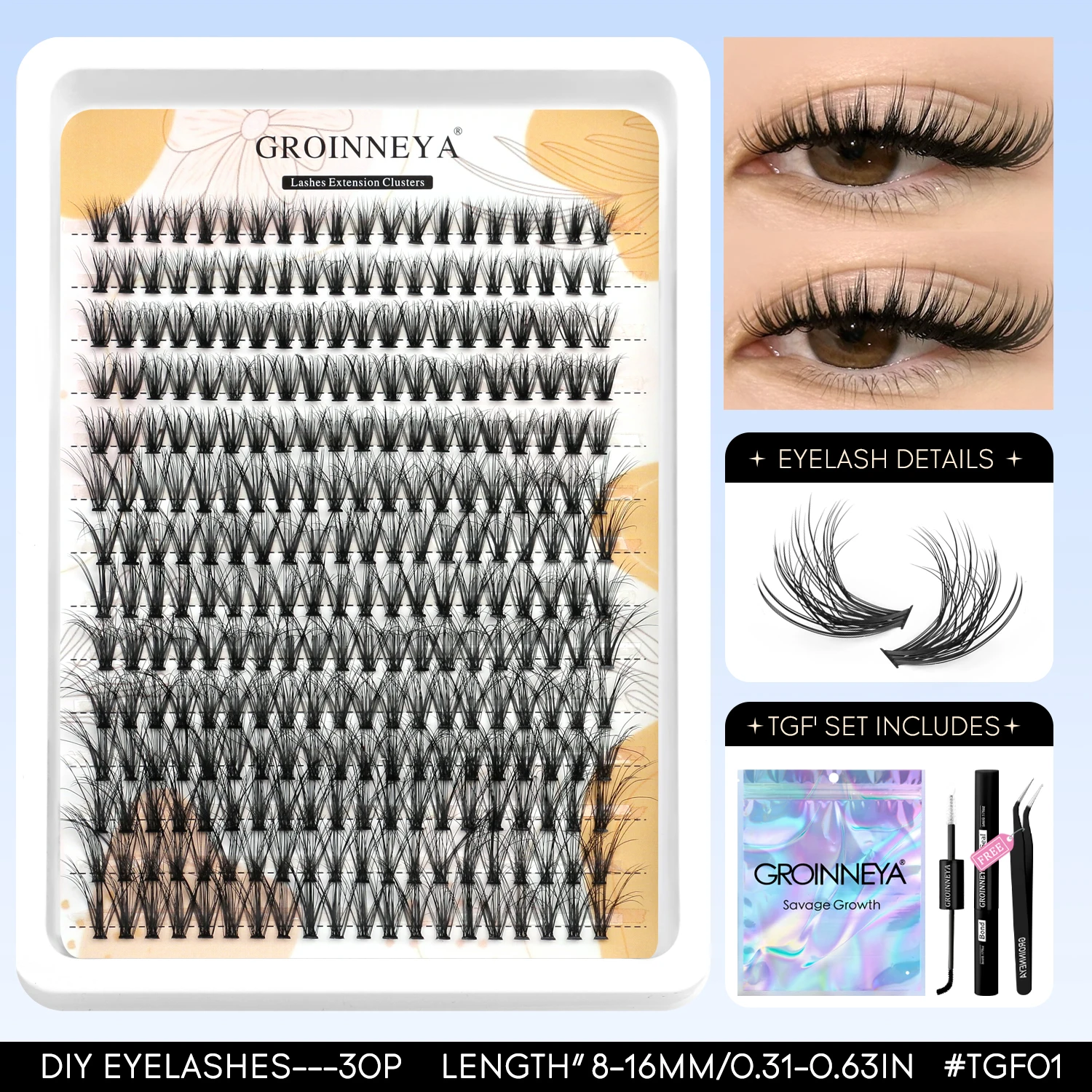 GROINNEYA Cluster-Wimpern-Set, flauschige Einzelwimpern, Volumen, gemischtes Tablett, künstliche Nerzwimpern, Wimpernverlängerung, Make-up – Detail 7