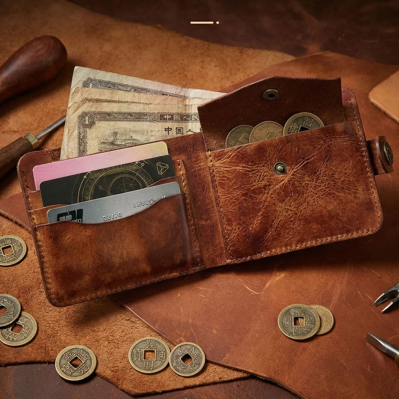 Vintage Slim Bifold Men's Wallet - Handmade Vegetable Tanned Leather with Coin Pocket, Personalized Gift