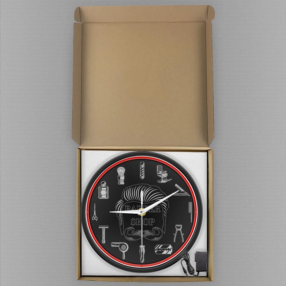 Barber Shop Red Neon Logo Metal Frame Wall Clock for Man Cave Barbering Business Sign Flexible Flex illuminated Neon Wall Clock