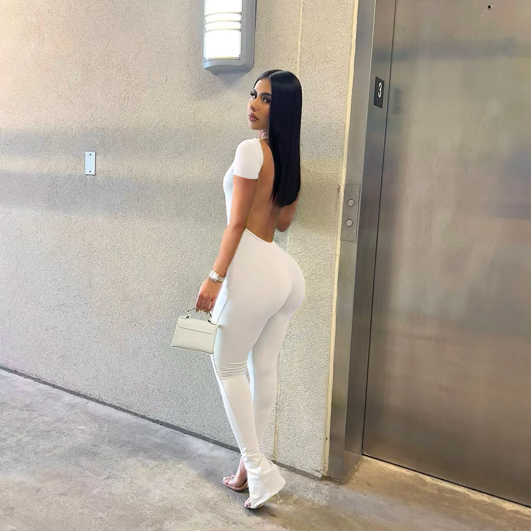 Lady Summer Backless Jumpsuit Solid Color Women Fashion Sexy Short Sleeve Slim Jumpsuit