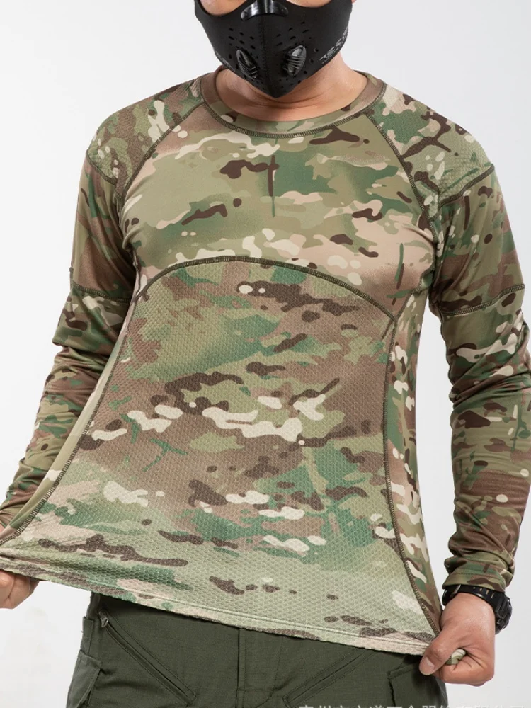 High Stretch Long Sleeve Tactical T-shirt Men Summer Thin Breathable Slim Gym Clothing Outdoor Hiking Sports Camouflage T Shirt
