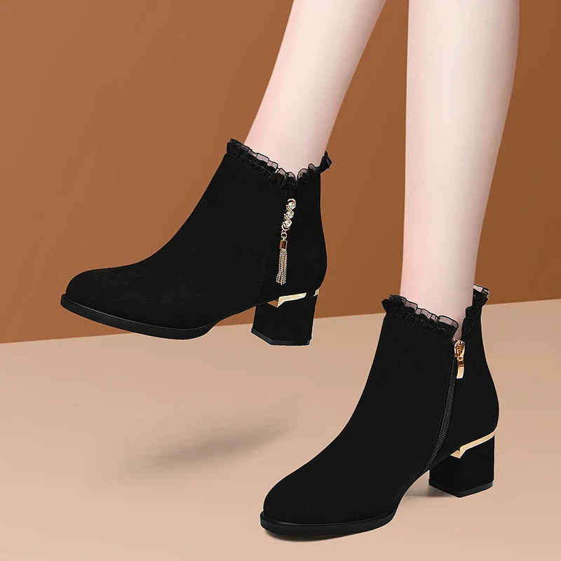 

Thick Heel Ankle Boots Plush Fashion Short Leather Boots Work Mid Heels Women's Boots Vintage Casual Women Leather Shoes Party