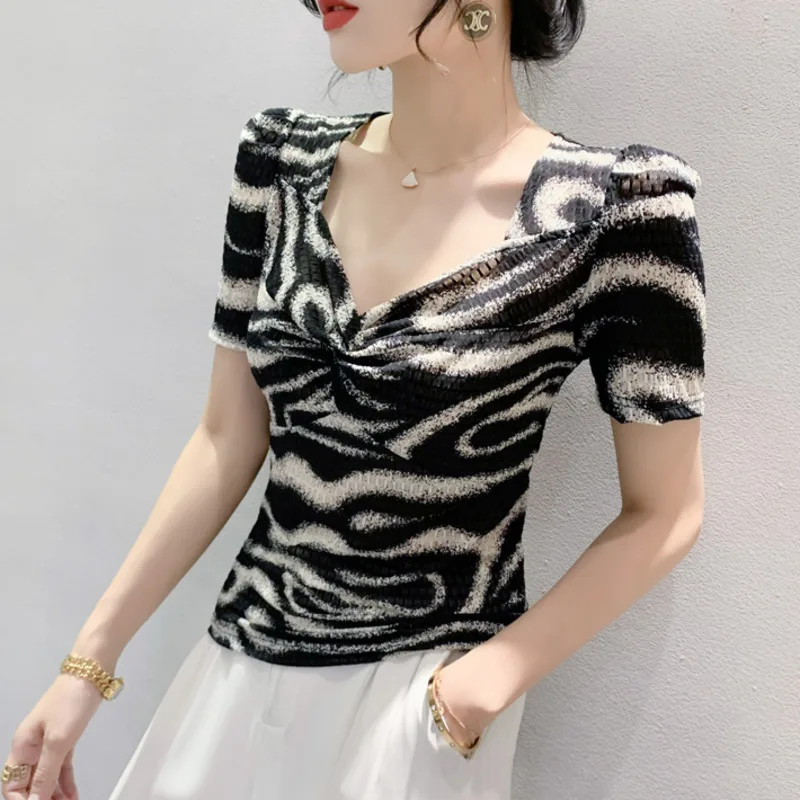 

#6882 Сетчатая футболка в полоску с принтом зебры, женская сексуальная облегающая футболка с V-образным вырезом, Женская винтажная женская футболка, тонкая эластичная футболка