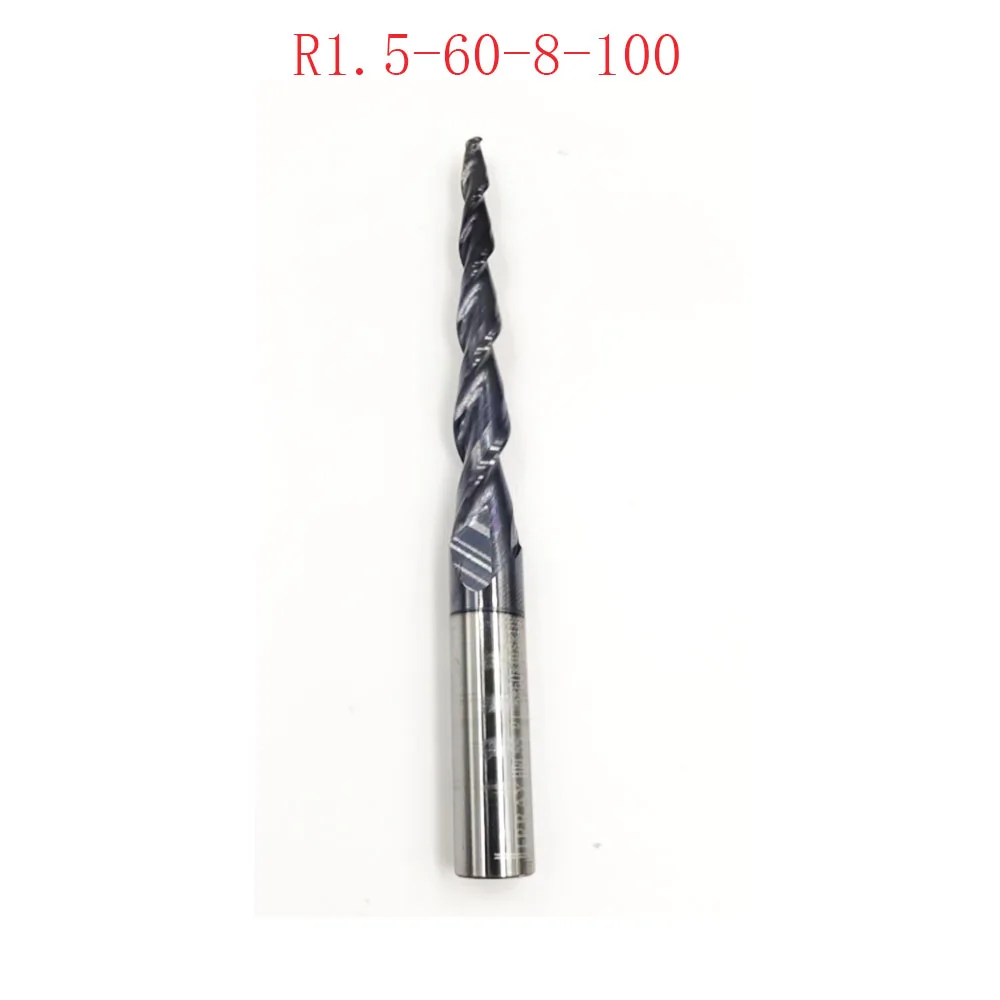 

R1.5*D8*60*100L*2F HRC55 Tungsten solid carbide Coated Tapered Ball Nose End Mills CNC milling cutters