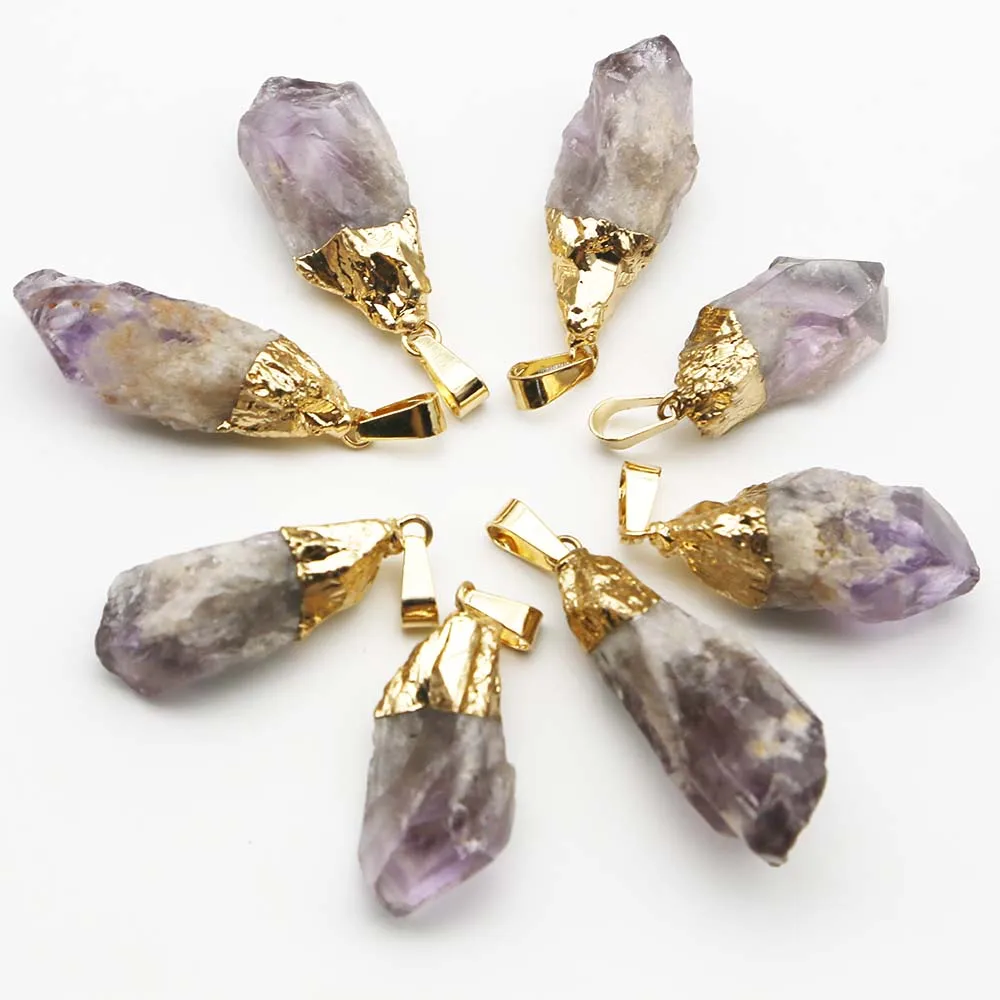Natural Raw Ore Amethyst Irregular Gold Plated Necklace Pendant Healing Reiki Charms DIY Jewelry Accessories Gift Wholesale 8Pcs