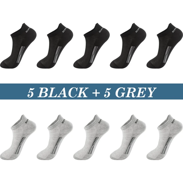 High Quality 10Pairs Men Socks Cotton Summer Sports Breathable Ankle Socks Mesh Casual Athletic Thin Cut Short Plus Size 39-48 5 Black 5 Grey