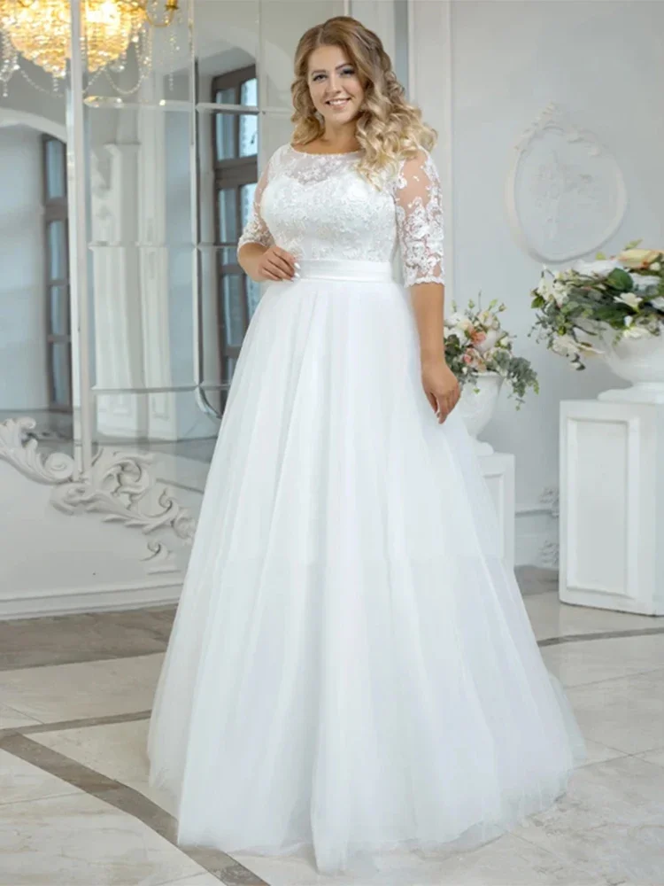 

Charming O-Neck Wedding Dresses Plus Size Tulle With Lace Appliques 3/4 Sleeves Bridal Gowns A-Line White Robe De Marié