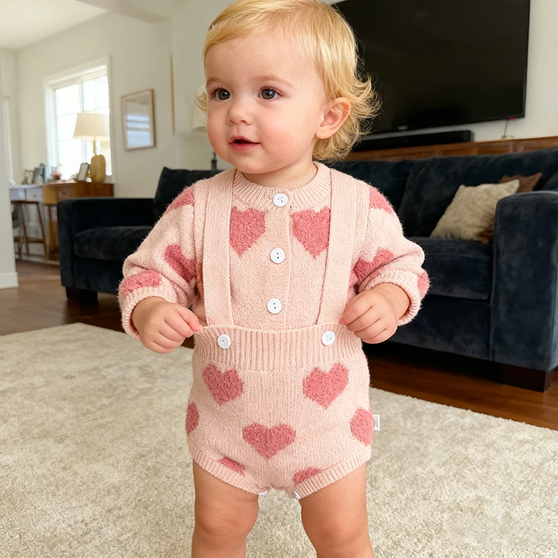 가을 겨울  여아 옷 니트 자수 러브 슈트 긴팔 가디건+점프슈트 어린이 2피스 니트 의류 세트