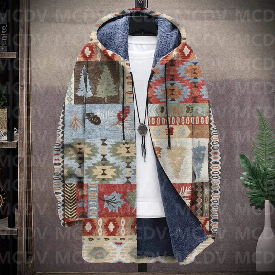 Men's Retro Pattern Print Plush Thick Long-Sleeved Coat Fleece Hooded Overcoat Unisex Thick Warm Jacket