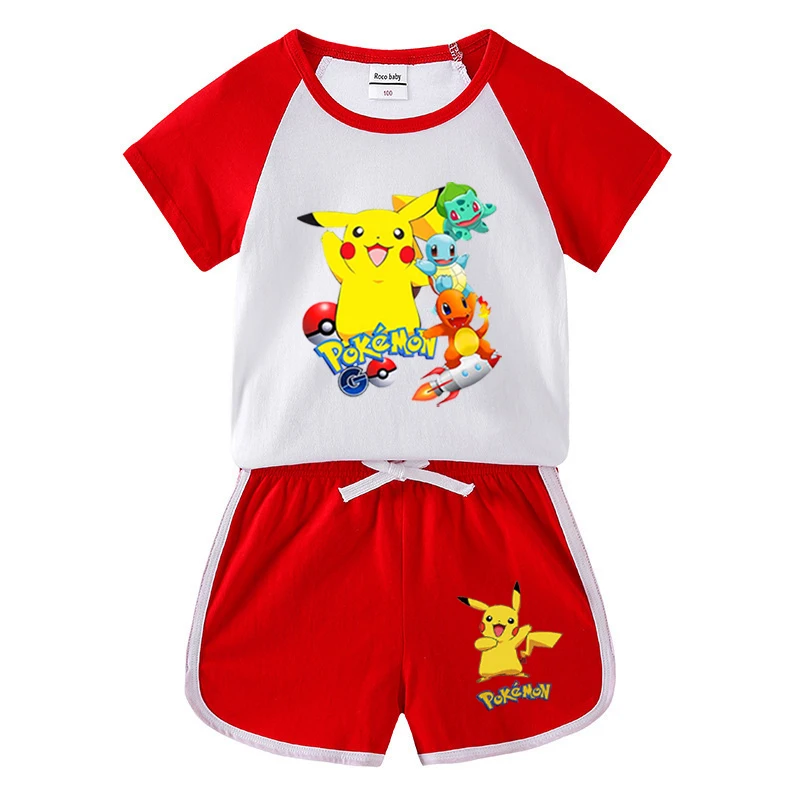 thumbnail image 1 of Conjunto de ropa para niños, camiseta de Pikachu para niño y niña, pantalones cortos, conjuntos de 2 uds., conjuntos de algodón para niñas pequeñas, ropa deportiva de la Patrulla Canina para niños, 1 of 5