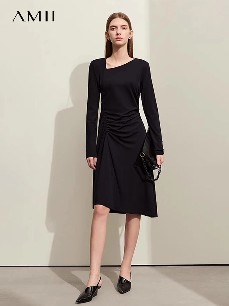 

AMII Minimalist New V-neck Fashion Women Dresses 2023 Autumn Waist Slim Fit Shirring Office Lady Mid-Calf Female Dress 12343086
