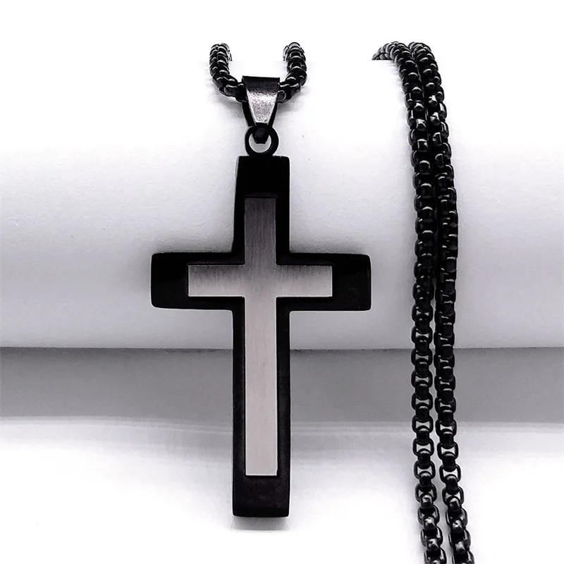 HNSP Stainless Steel Cross Pendant Chain Necklace For Men Christ Jesus Jewelry Catholic Crucifixes Rosaries Accessories