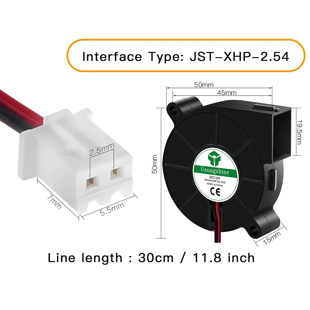 Advanced Brushless Cooling Turbo Fan for 3D Printers - 12V/24V Dual Voltage, 2-Pin DC Extruder Cooler Blower in Black Plastic