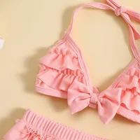 Fashion Summer Newborn Baby Girls Swimwear Bikini Set Cute Bowknot Hanging Neck Tops + Layered Ruffle Shorts + Hat Beachwear 6
