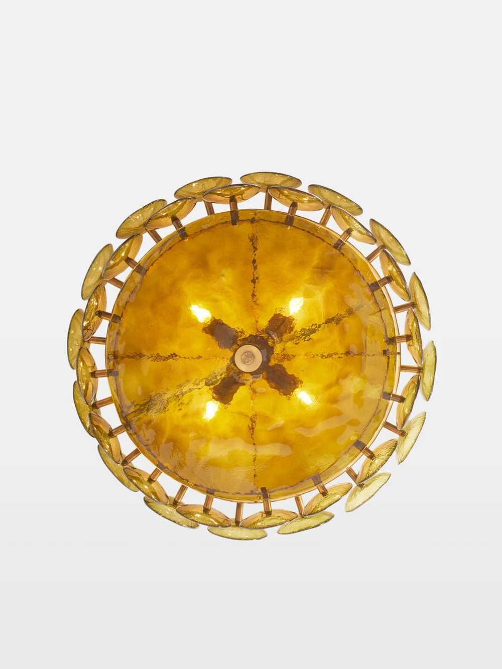 A round, yellow Italian Retro Pendant Light with decorative gold trim and visible bulbs, photographed from below against a plain white background, showcases elegant Italian artisan craftsmanship.