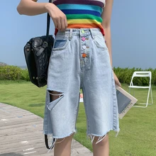 

Knee Length Short Ripped Jeans Women's Clothing Trend Five Pants Thin Summer Bell Bottom Streetwear Denim for Teen Girls