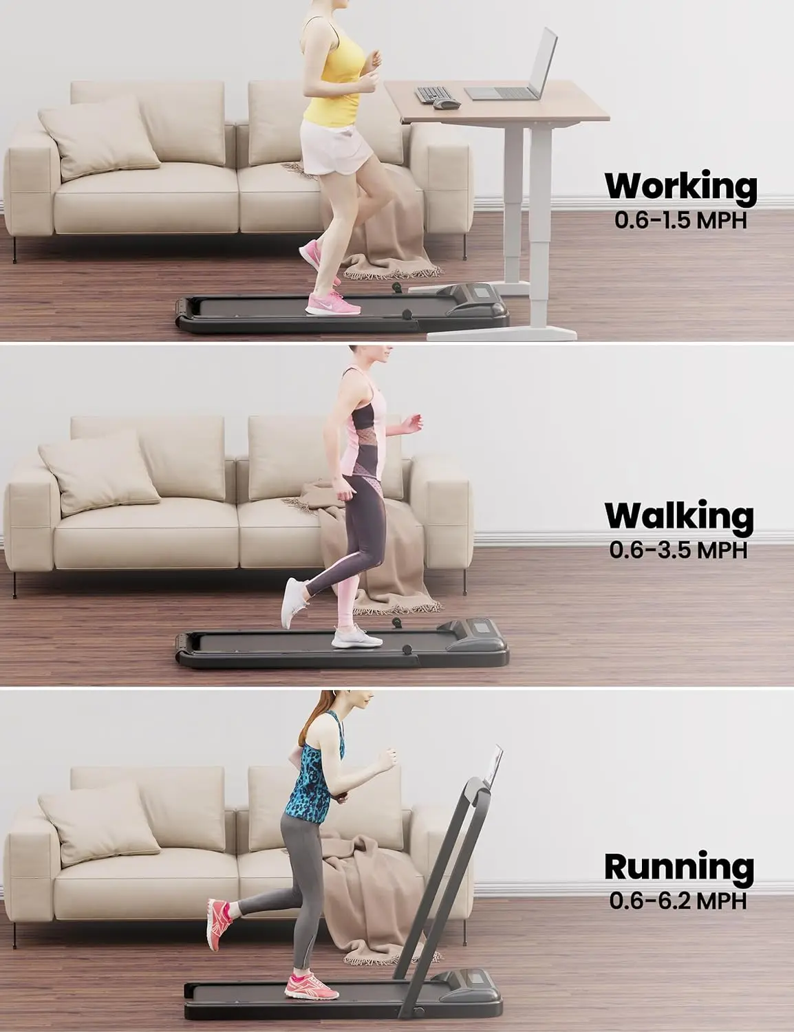 2-in-1 Treadmill, [2.25 HP] [0.6-6.2 MPH] for Running Walking, Folding Treadmill with Real-time Workout Data on LCD Display