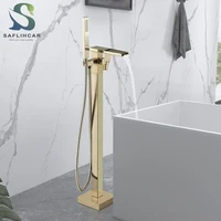 Brushed Gold Bathroom Standing Bathtub Faucet Tub Waterfall Spout Plastic Hand Shower Floor Stand Bath Tub Hot Cold Mixer Tap 1
