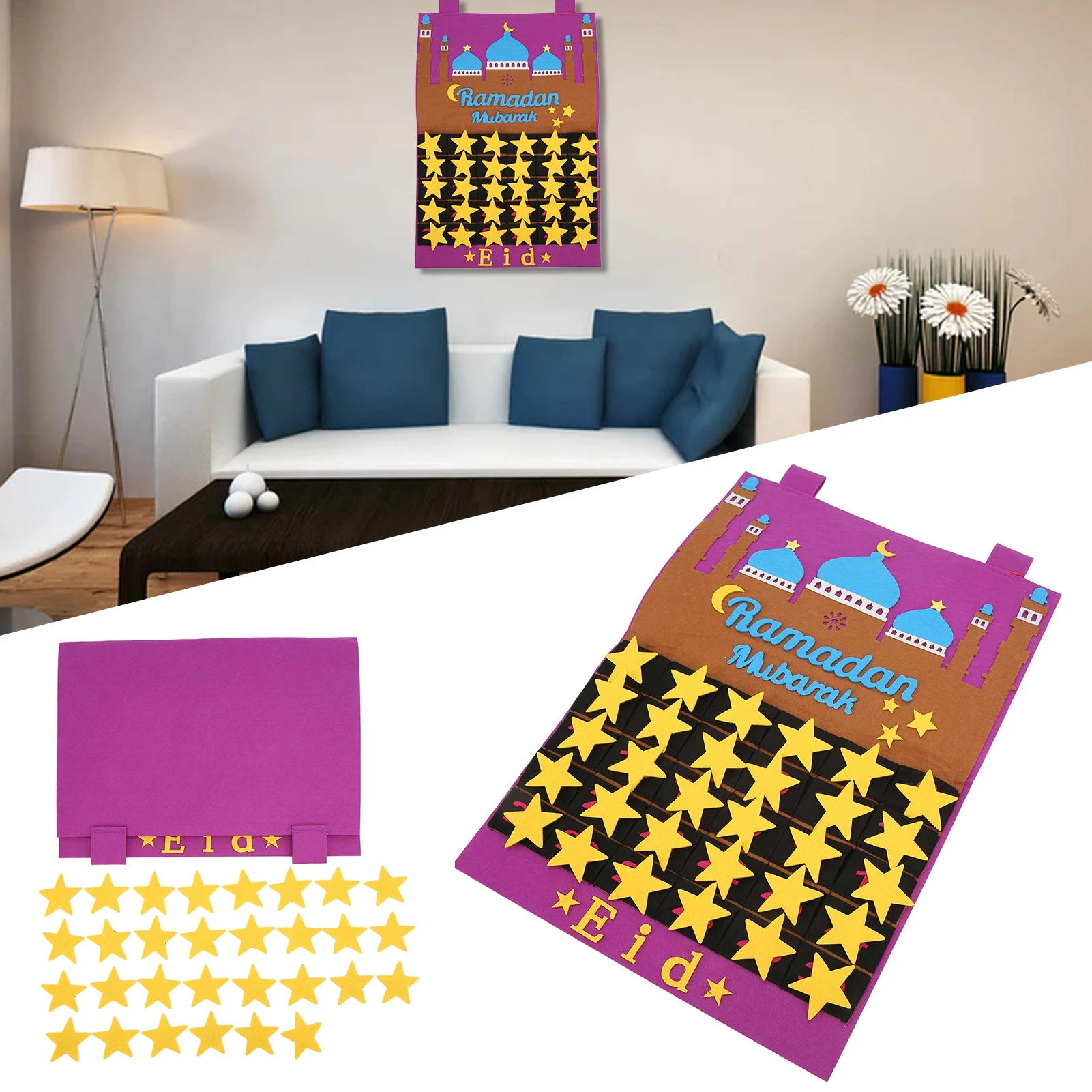 

Ramadan Calendar Mobile Star Moon Stickers Reusable Decorative Felt Material Eid Mubarak Countdown Calendars