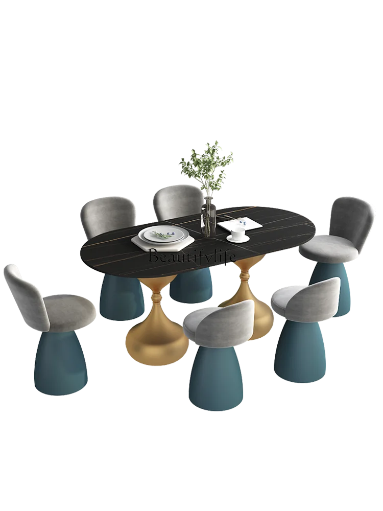 

Nordic Marble Dining Tables and Chairs Set Light Luxury Stone Plate Small Apartment Oval Dining Table