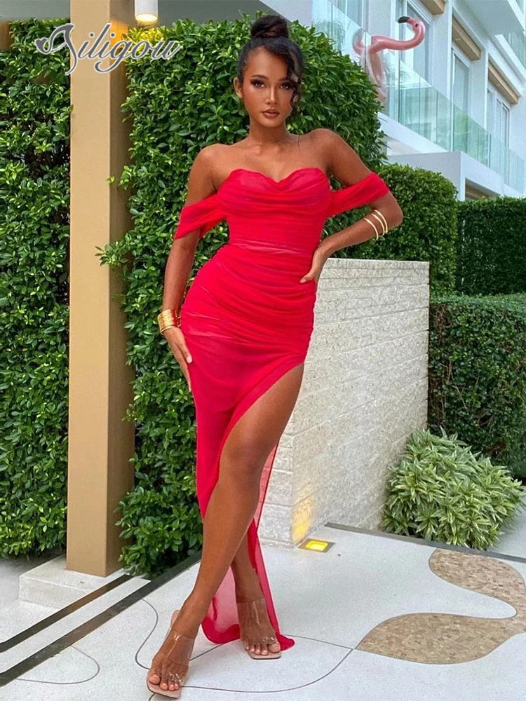 

Ailigou Off-Shoulder Draped Tight-Fitting Mesh Bandage Dress Ladies Sexy Party Dress Halter Elegant Long Party Dress Vestidos