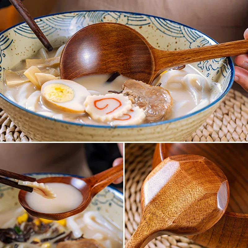 1Pc Big Wooden Spoon Long Handle Soup Spoon Wood Japanese Ramen Noodle Soup Ladle Kitchen Cooking Mixing Serving Tableware