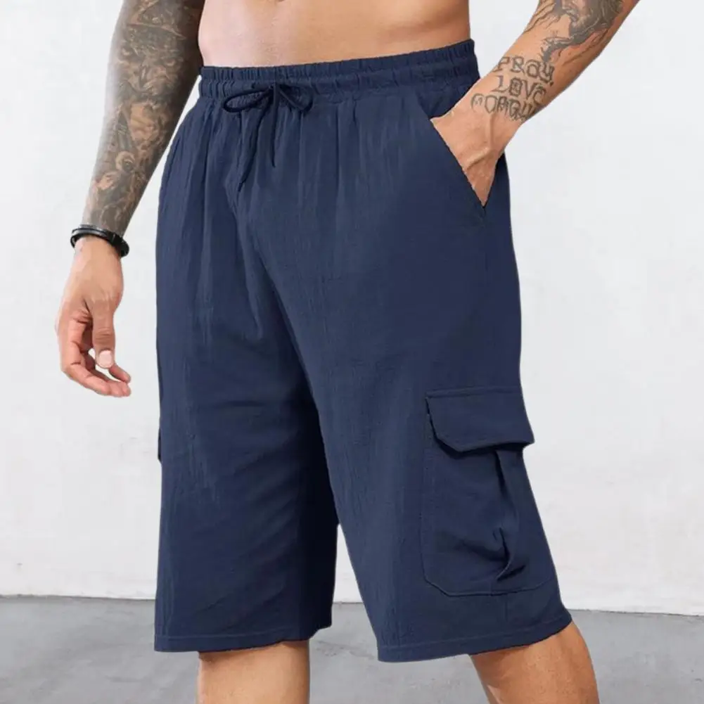 

Solid Color Men Beach Shorts Versatile Men's Cargo Shorts with Elastic Waistband Drawstring Closure Multiple Pockets for Casual