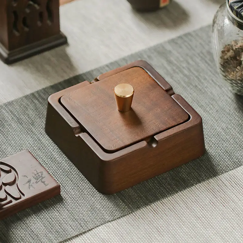

Household Wooden Retro Ashtray Living Room with Cover and Flame Retardant Interior Can Be Detachable Circular Chinese Ashtray
