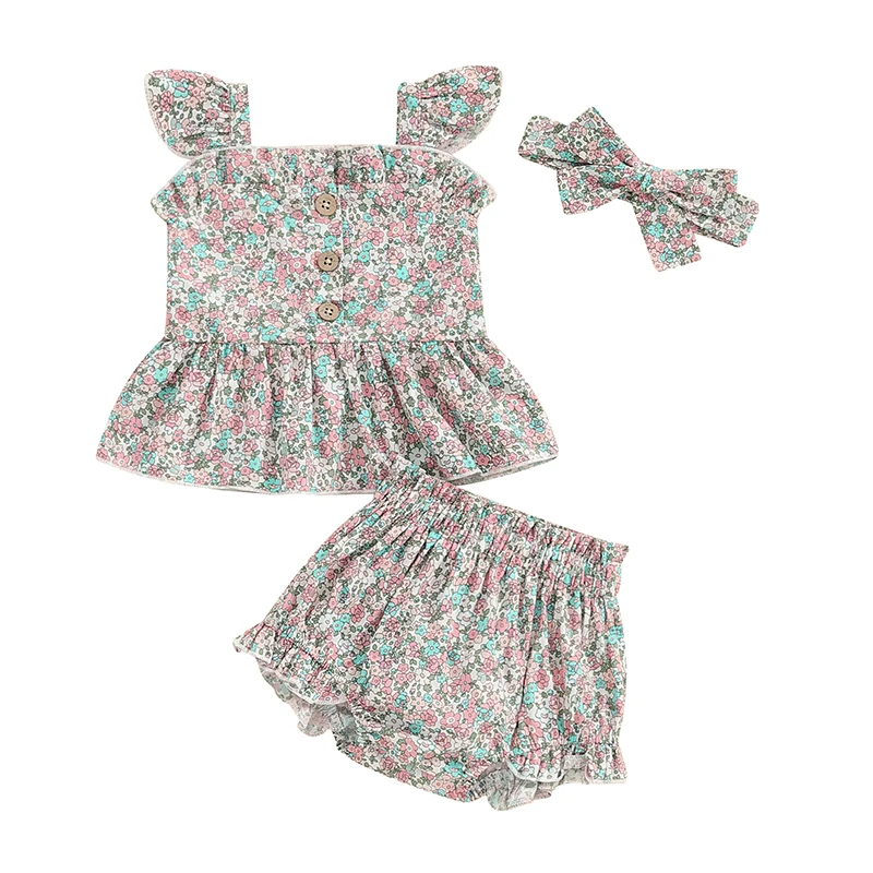 

Baby Girls Shorts Set Fly Sleeve Camisole with Elastic Waist Shorts Headband Floral Summer Outfit