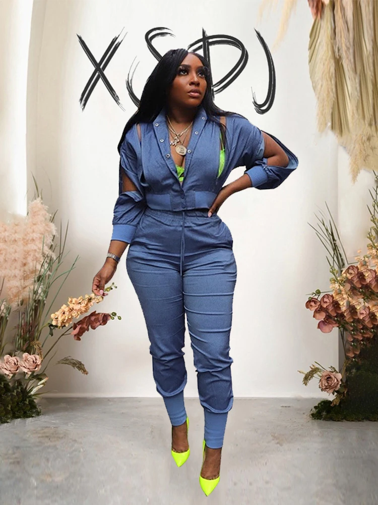 

Denim 2 Pieces Set Womens Tops and Pants Streetwear Zip Sexy Y2k Outfits Set Long Sleeve Autumn Free Shipping Bulk Wholesale
