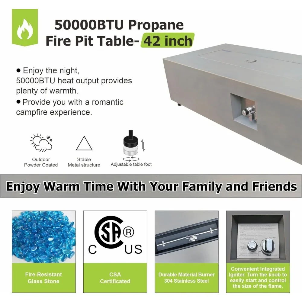 Outdoor fire pit table propane gas fire pits outdoor fireplaces 42&Prime;Rectangular firepit table 50,000 BTU table for patio set