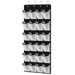Mesh Pocket Shoe Organizer - Wall-Mounted Hanging Rack with 24 Pockets (Black)