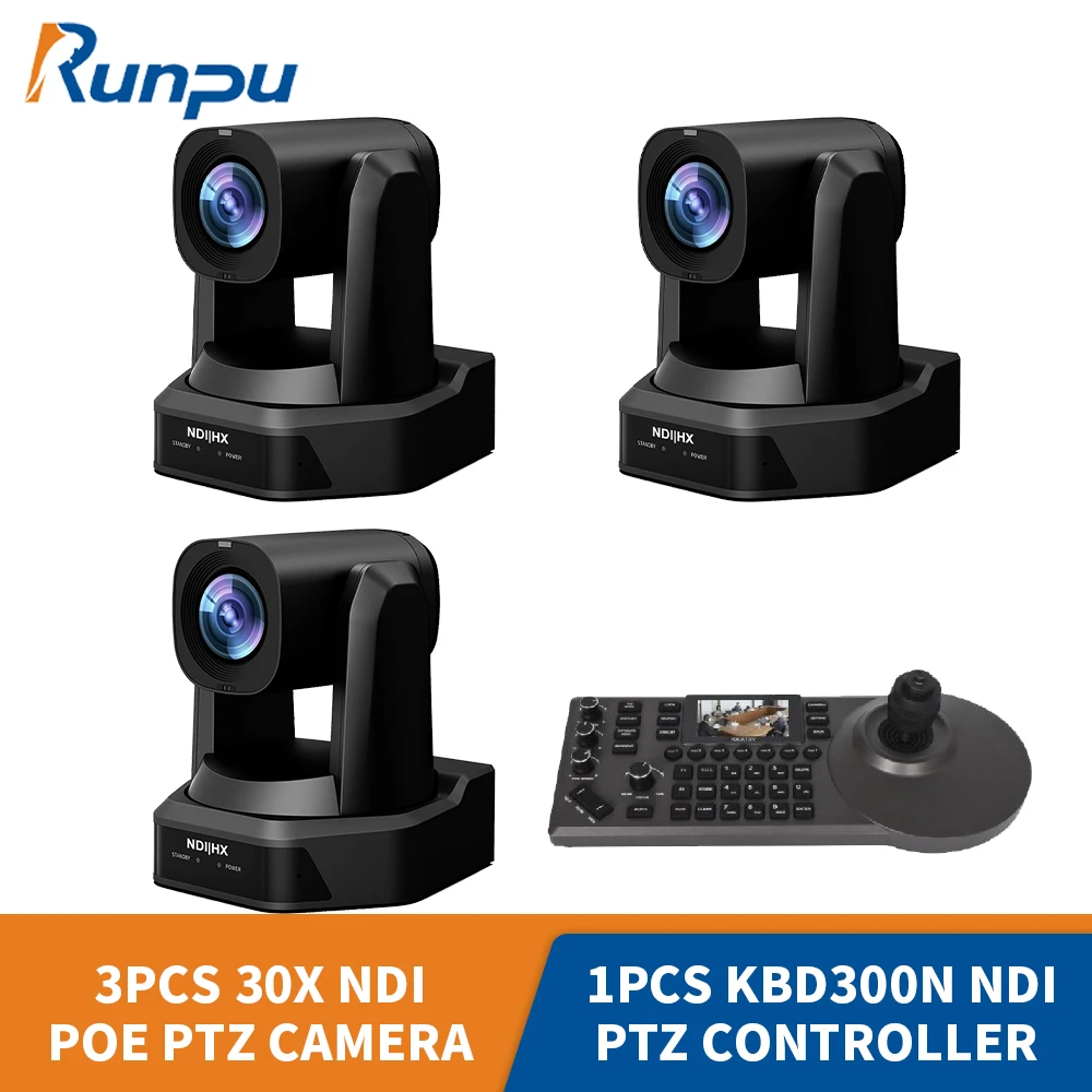 3pcs HD66A-30N PTZ NDI Video Conference Camera 30X Zoom +1pc Ptz NDI POE Joystick Controller for Church Meeting Workship Youtube