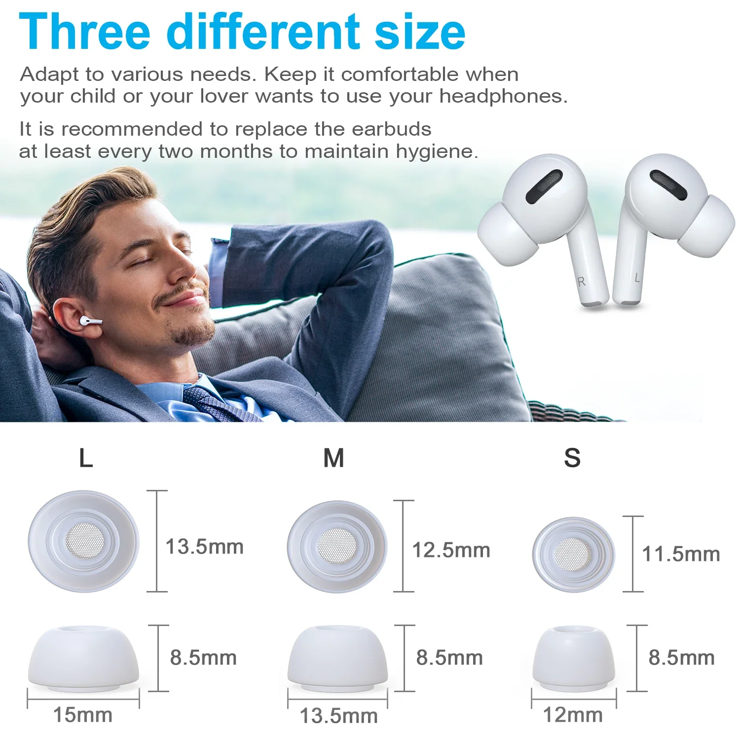 New Bee 6 Paar Silikonspitzen für Airpods Pro Ear 3 Größen S/M/L Spitzen Ersatz-Ohrhörer mit Staubgeflecht mit Box – Detail 7