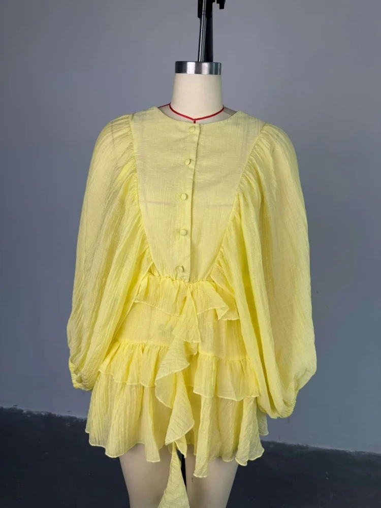 Wmsatr Dress Women Wholesale Woman 2025 Summer New Fashion Round Neck Buttoned Ruffled Lantern Sleeve Short Dresses Clothing