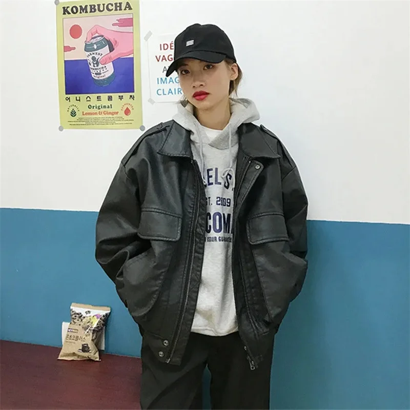 2023 New Style Vintage Leather Coat Women's Autumn Winter Tidal Sugihara Style Jacket Foreign Versatile Plus Plush Thick Couple